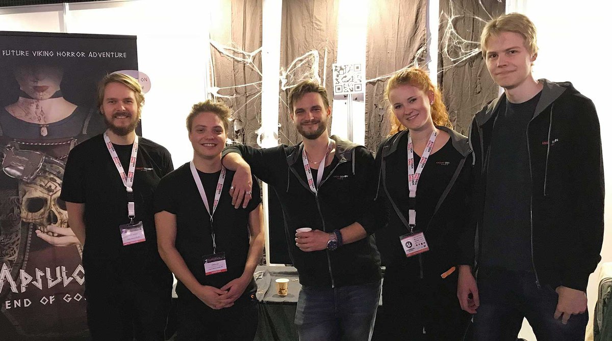 Angry Demon Studio släpper sitt andra spel. Från vänster: Victor Jonsson, William Otto Sahl, John Kalderon, Caroline Petri och Carl Pettersson.